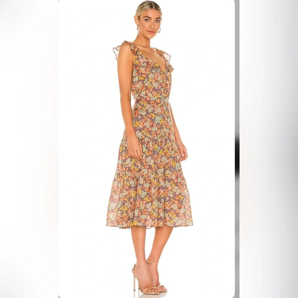 Veronica Beard Malgosia Floral-Print Button-Front‎ Ruffle cottage Midi Dress